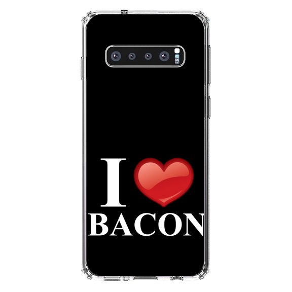 DistinctInk Clear Shockproof Hybrid Case for Samsung Galaxy S10 (6.1" Screen) - TPU Bumper, Acrylic Back, Tempered Glass Screen Protector - Black White Red I Heart Bacon - Bacon