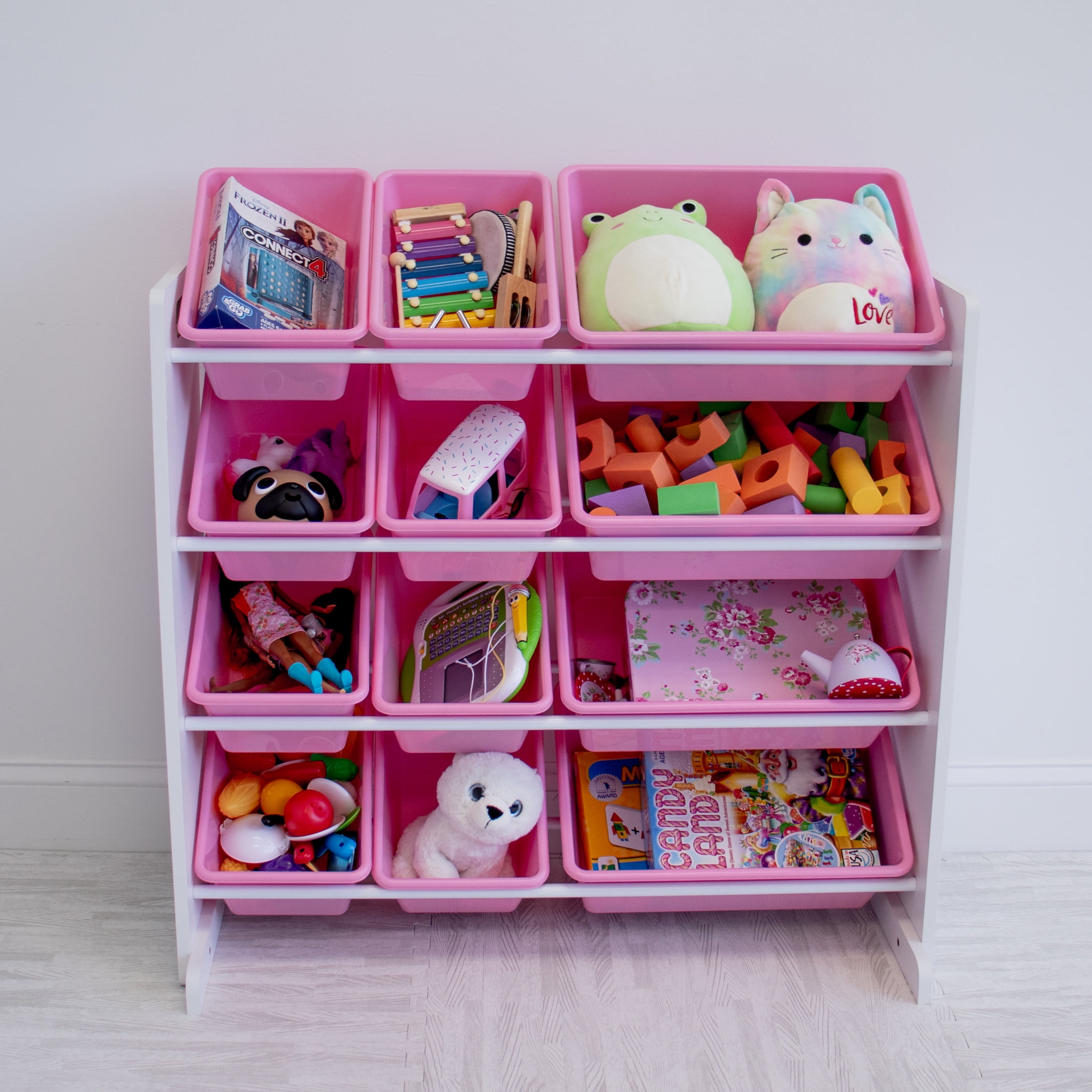 Humble Crew Bath Toy Organizers White/Pink Carly Toy Storage Organizer with 12 Plastic Storage Bins