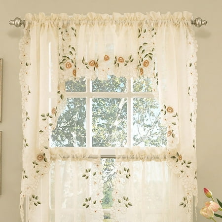 Sweet Home Collection Old World Style Floral Embroidered Semi-Sheer Swag Curtain Valance (Set of