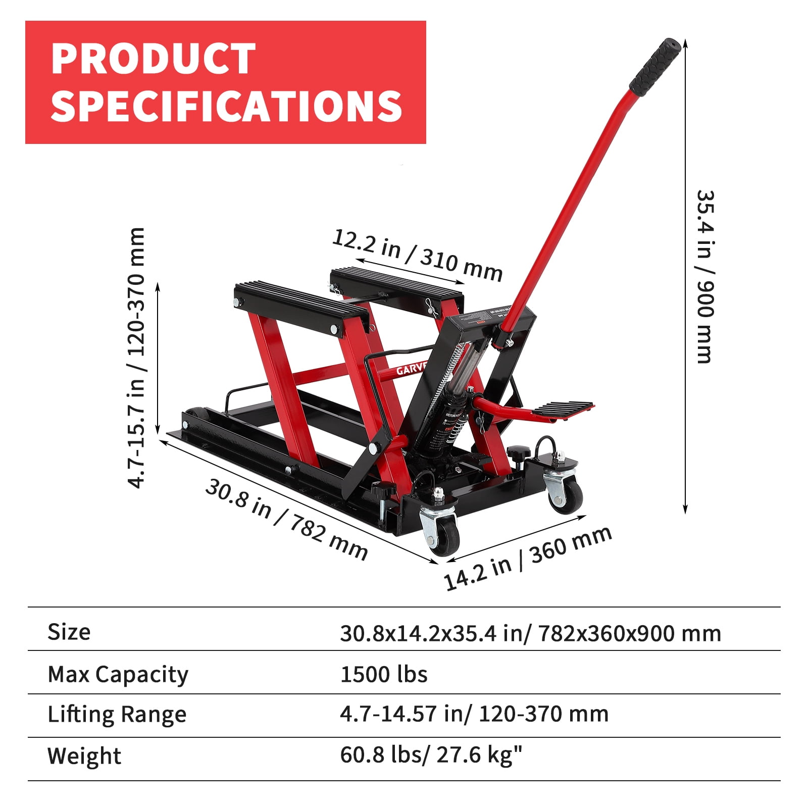 Garvee Steel Hydraulic Motorcycle ATV Lift Jack Hoist Stand 1500 lbs for Dirt Bikes & ATVs, 4.7-14.57 Inch Lift Height, Red