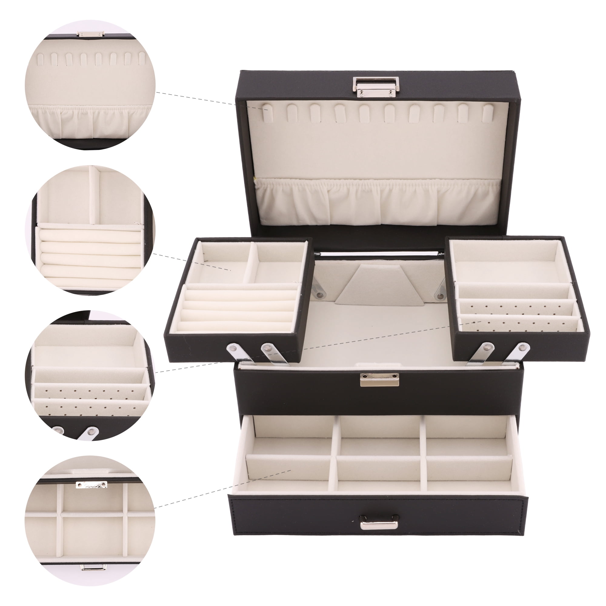 Unique Bargains 3 Layer Jewelry Box PU Leather Organizer Black