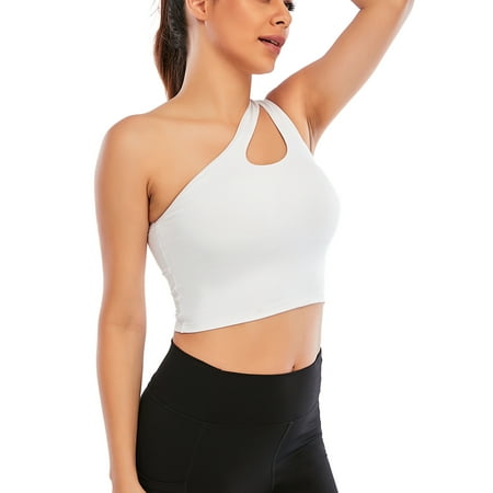

FANNYC One Shoulder Sports Bra For Women Padded Yoga Bra Wirefree Sexy Cute Medium Support Gym Running Workout Sports Bras With Removable Cups 5 Size Black /White