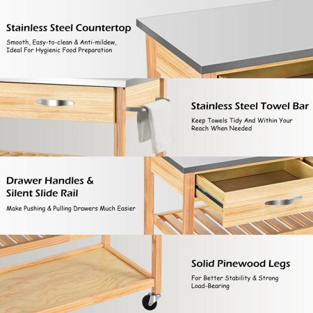 Rolling Kitchen Trolley Cart Stainless Steel Countertop W Storage