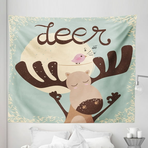 Deer Hunting Tapestry, Cutsy Cartoon of Reindeer and Singing Bird Illustration, Fabric Wall Hanging Decor for Bedroom Living Room Dorm, 5 Sizes, Pale Seafoam Brown, by Ambesonne