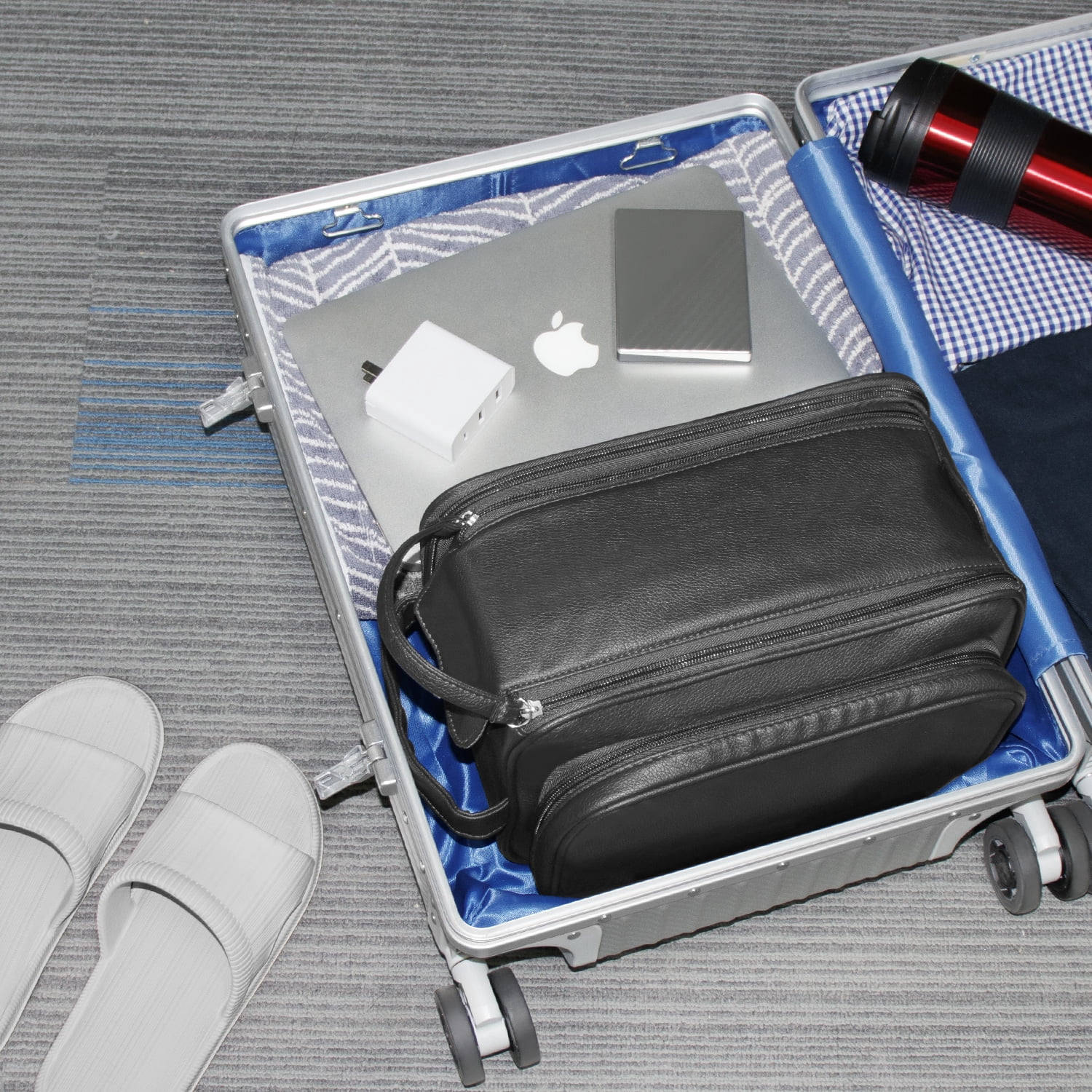 Large Capacity Toiletry Bag for Men, Leather Hanging Toiletry Organizer Cosmetics Makeup Bag, Black