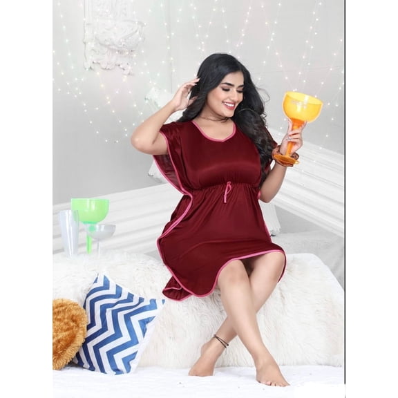Dark Mehroon Satin Plain Kaftan Short Nighty Kimono Sleeves Sleepwear for Women Night Dress