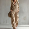 thumbnail image 3 of WULMLEO Wide Leg Romper for Women Cotton Linen Workout V Neck Button Front Long Sleeve One Piece Jumpsuits Casual Plus Size Loose Fit Beach Overall with Multi Pockets Khaki M, 3 of 7