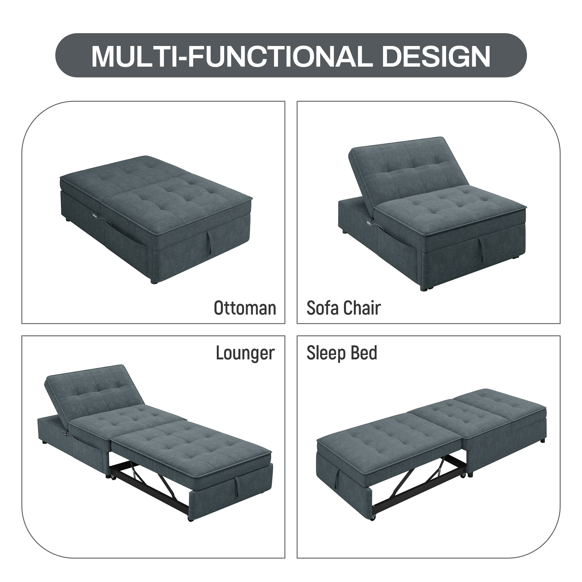 Aukfa Convertible Sleeper Sofa Chair Bed, 3-in-1 Pull Out Sleeper Chair with USB Port and Pocket for Living Room - Gray