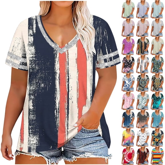 JTZGDY Plus Size V Neck Splicing Tops for Women Loose Fit Casual Floral Printed Summer Short Sleeve Graphic Tunic Blouse Trendy Oversized Beach Holiday Vacation Tees Shirt A-Purple XXXL