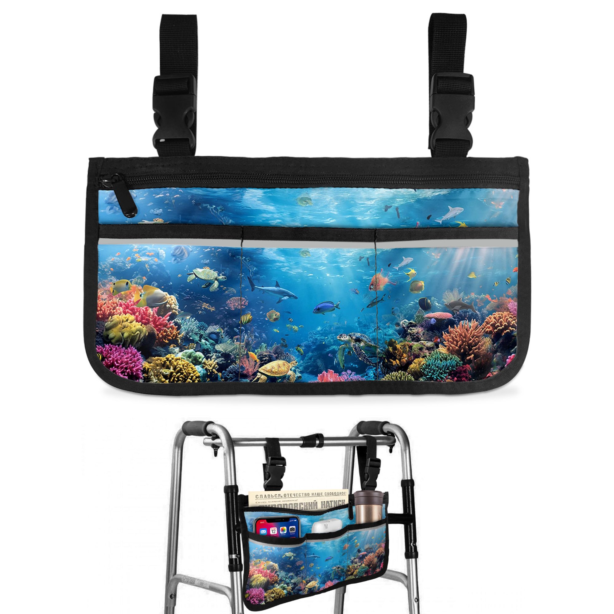 Ocean World Wheelchair Side Bag with Cup Holder, Sea Turtle Coral Starfish Fish Shark Fantasy Wheelchair Armrest Bag Storage Pouch Adults, Seniors for Walkers, Rollator, Scooter