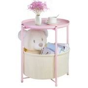 Round Side End Tables with Storage Bag for Living Room Bedroom, Industial Small Side Accent Bedside Table Metal, Pink