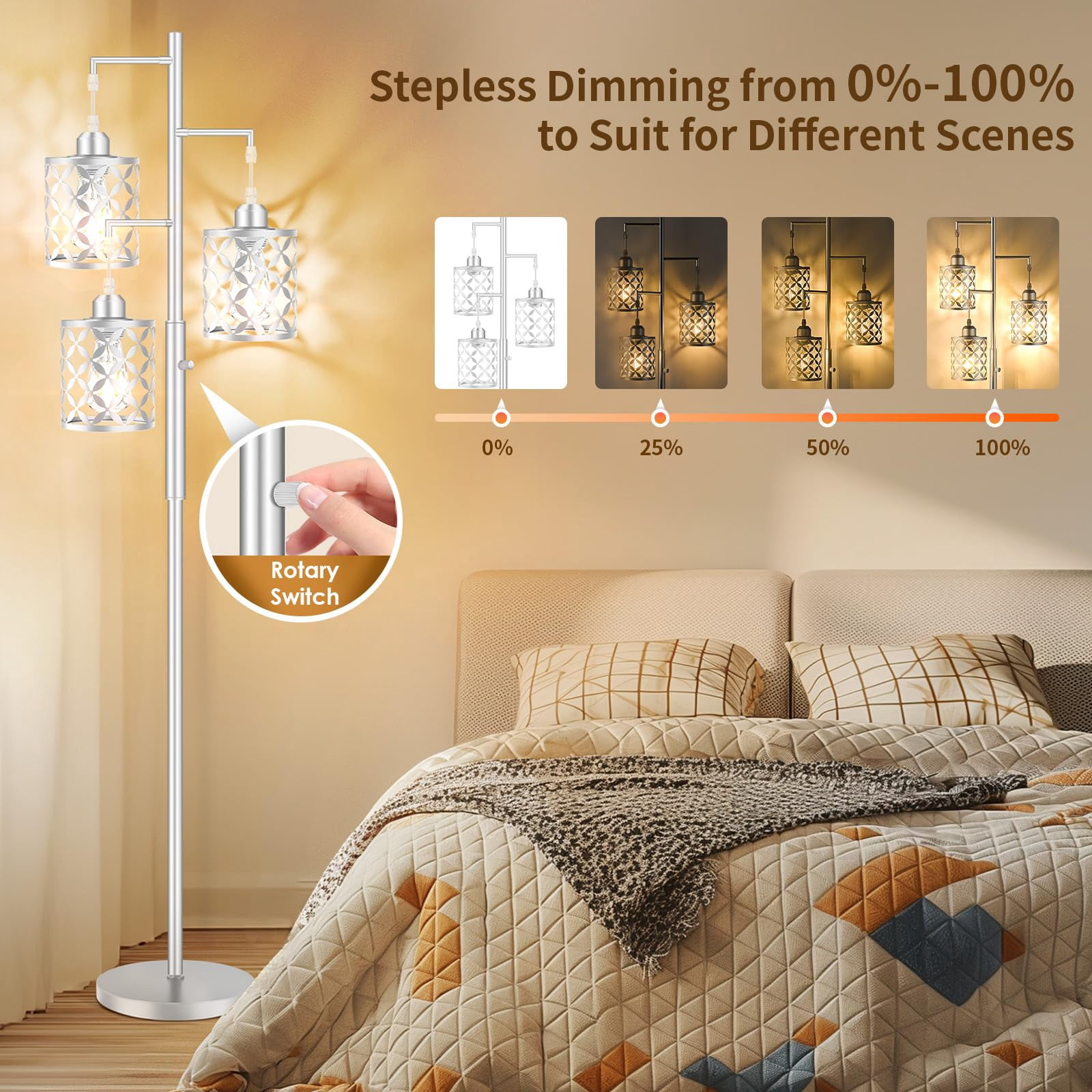 68" Dimmable Floor Lamp with Metal Cage, 3 LED Bulbs Included for Living Room Bedroom