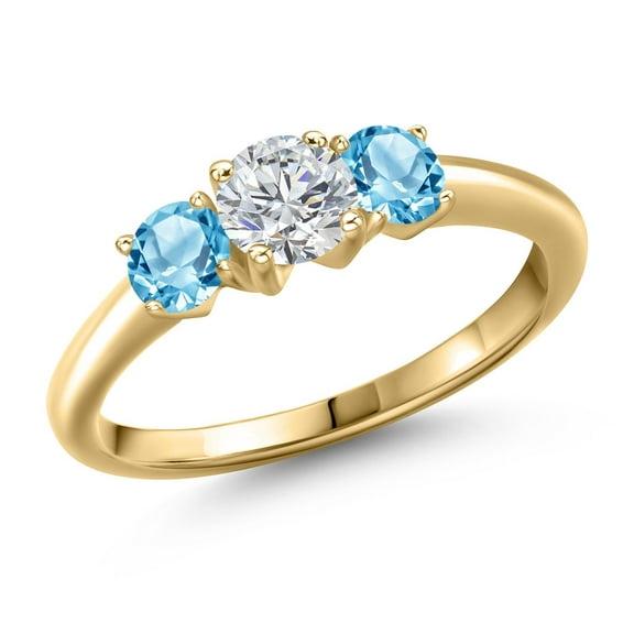 Gem Stone King 10K Yellow Gold Lab Grown Diamond and Swiss Blue Topaz Engagement Ring for Women | 1.21 Cttw | Round 5MM | Gemstone April Birthstone | Size 7