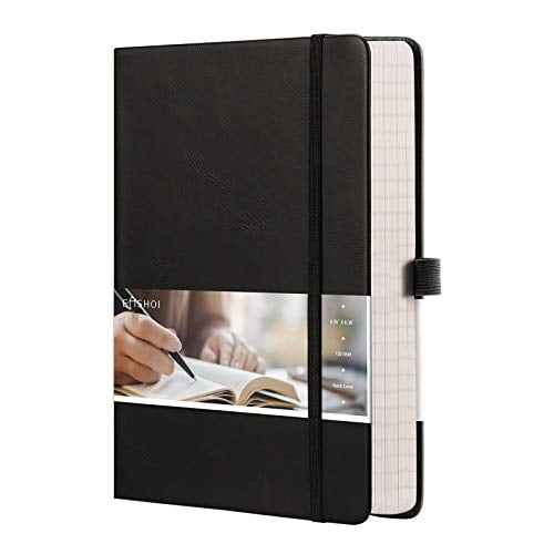 Cuaderno Forrado EMSHOI 256 Páginas Numeradas Cuero Grueso 120gsm A5 Rayas Mediano 5.75' x 8.38' Negro