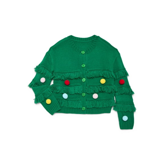 Holiday Time Girls Fringe Cardigan Sweater with 3D Trim, Sizes 4-18 & Plus