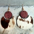 thumbnail image 5 of Wood Circle Cutout Cowhide Genuine Leather Statement Earrings Women Fall Jewelry, 5 of 9