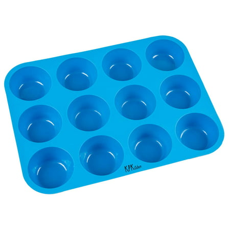 12 Cup Silicone Muffin & Cupcake Baking Pan - Non Stick, BPA Free, 100% Silicone & Dishwasher Safe Silicon Bakeware Tin - Blue Top Home Kitchen Rubber Tray & Mold for Fat Bombs - Free Recipe
