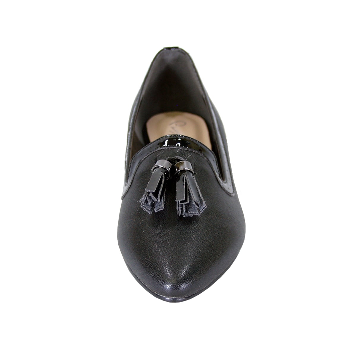 PEERAGE Brenna Women Wide Width Comfort Leather Dress Flat with Patent Leather Tassel and Trim BLACK 6