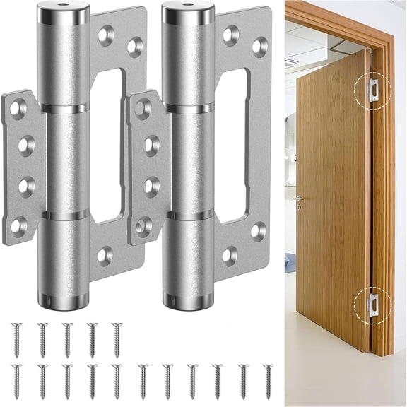 2 Pcs Non-Mortise Door Hinges, Self Closing Door Hinges, Stainless Steel Door Hinge, Soft Close Door Hinges with Silent Hydraulic Buffering, Easy to Install with Mounting Screws (2 Pcs, Silver)