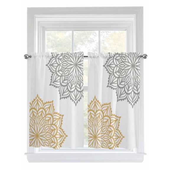 Tier Curtains 45 Inches Long, Boho Gray Beige Floral Window Treatment Curtain Drapes, Retro Abstract Art Flowers Window Half Privacy Curtains for Bedroom Bathroom, 42"x45", 2 Panels