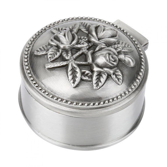 Riousery Vintage Flower Carved Round Shaped Zinc Alloy Jewelry Box For Ring Storage, Silver, 2.24 inches / 5.7 cm