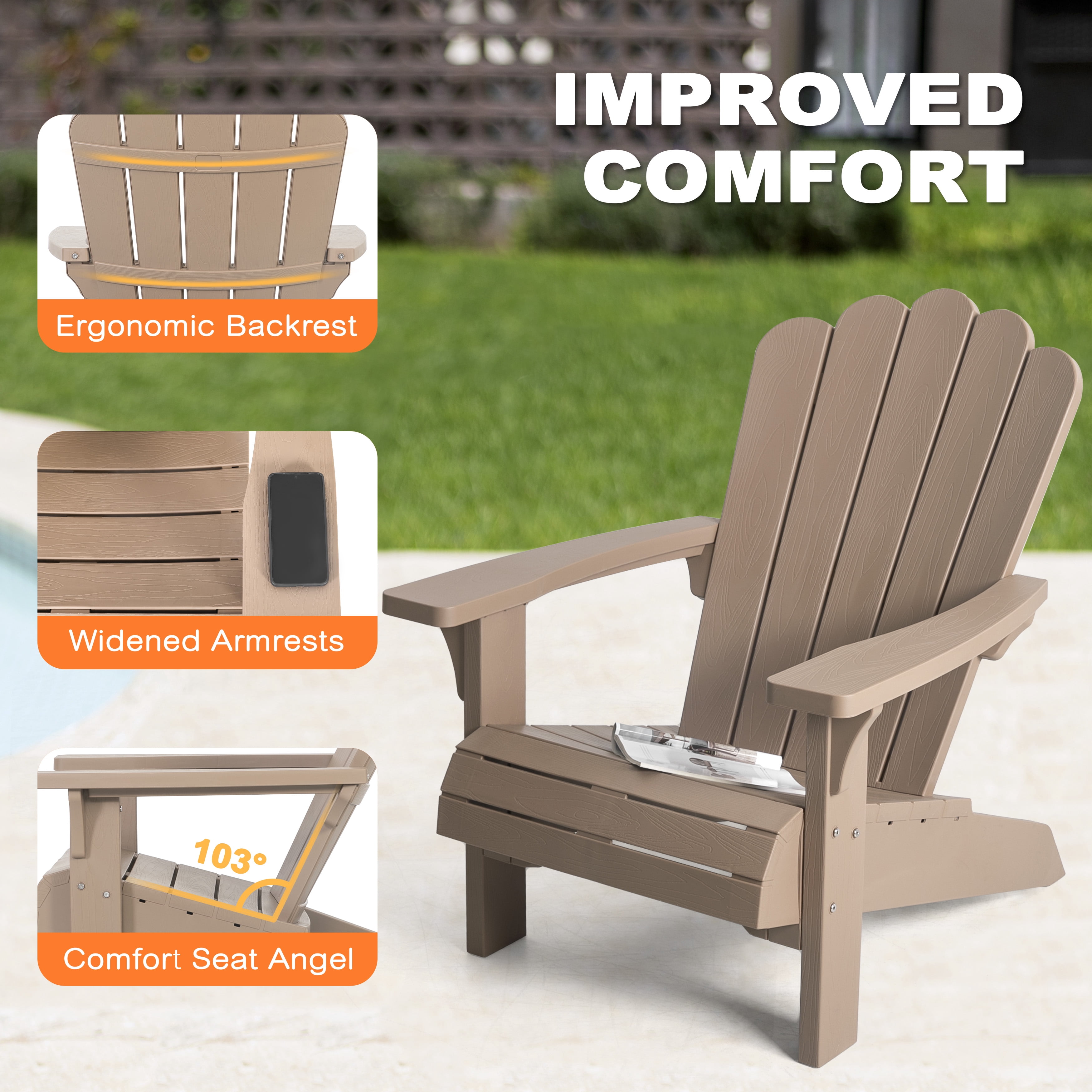 Nuu Garden Adirondack Chair, Patio Chair Weather-Resistant, Outdoor Chair, Lawn Chair with Widened Armrests, Fire Pit Chair for Deck, Outdoor, Porch, Backyard, Garden, Champagne