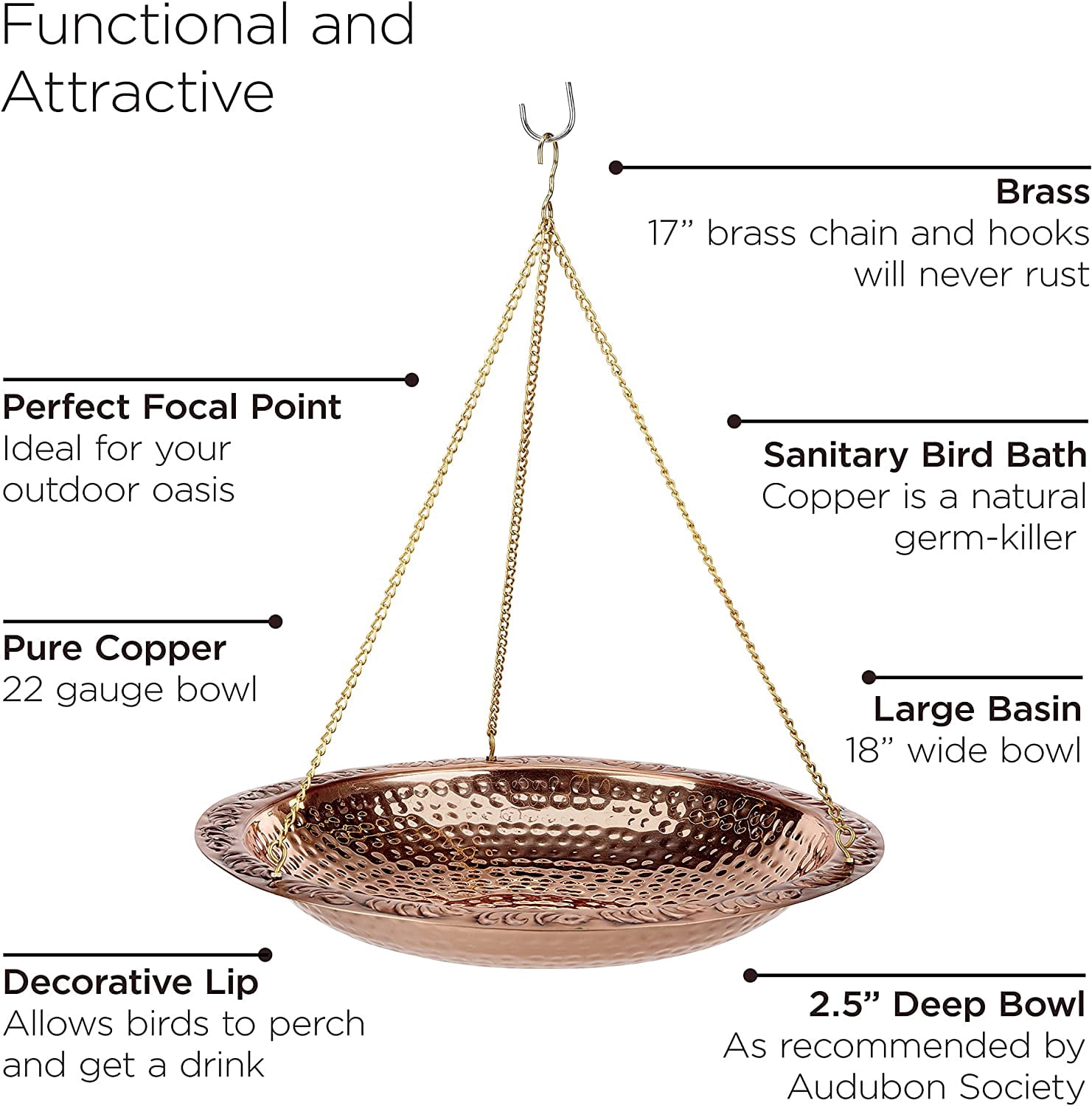 Pure Copper 18" Hanging Bird Bath by Good Directions