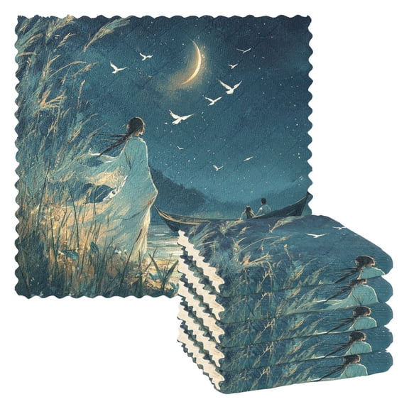 6 Pieces of Kitchen Towels 11x11Inch Kitchen Dish Cloths Kitchen Dish Towels Reuseable Cleaning Cloths Beautiful Green Moon