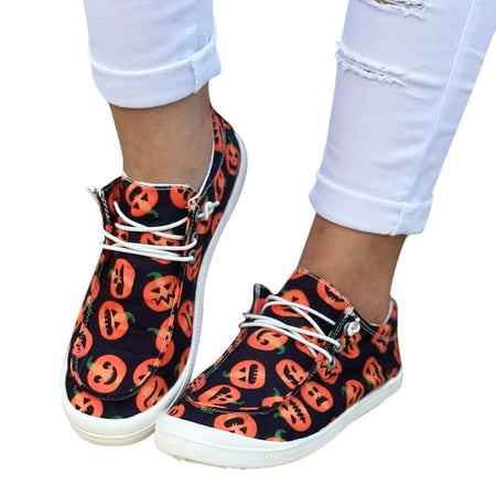Oyedens Canvas Shoes for Women Casual Pumpkin Skull Print Low Top Walking Fashion Sneakers
