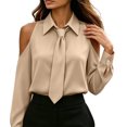 thumbnail image 3 of Cold Shoulder Shirts for Womens Solid Color Turndown Collar Casual Shirt Long Sleeve Dressy Top with Tie Beige L, 3 of 9