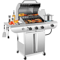3-Burner Propane Gas Grill with Side Burner – 34,000 BTU Stainless Steel Outdoor BBQ Grill, Cast Iron Grates, Portable with Wheels for Patio, Camping