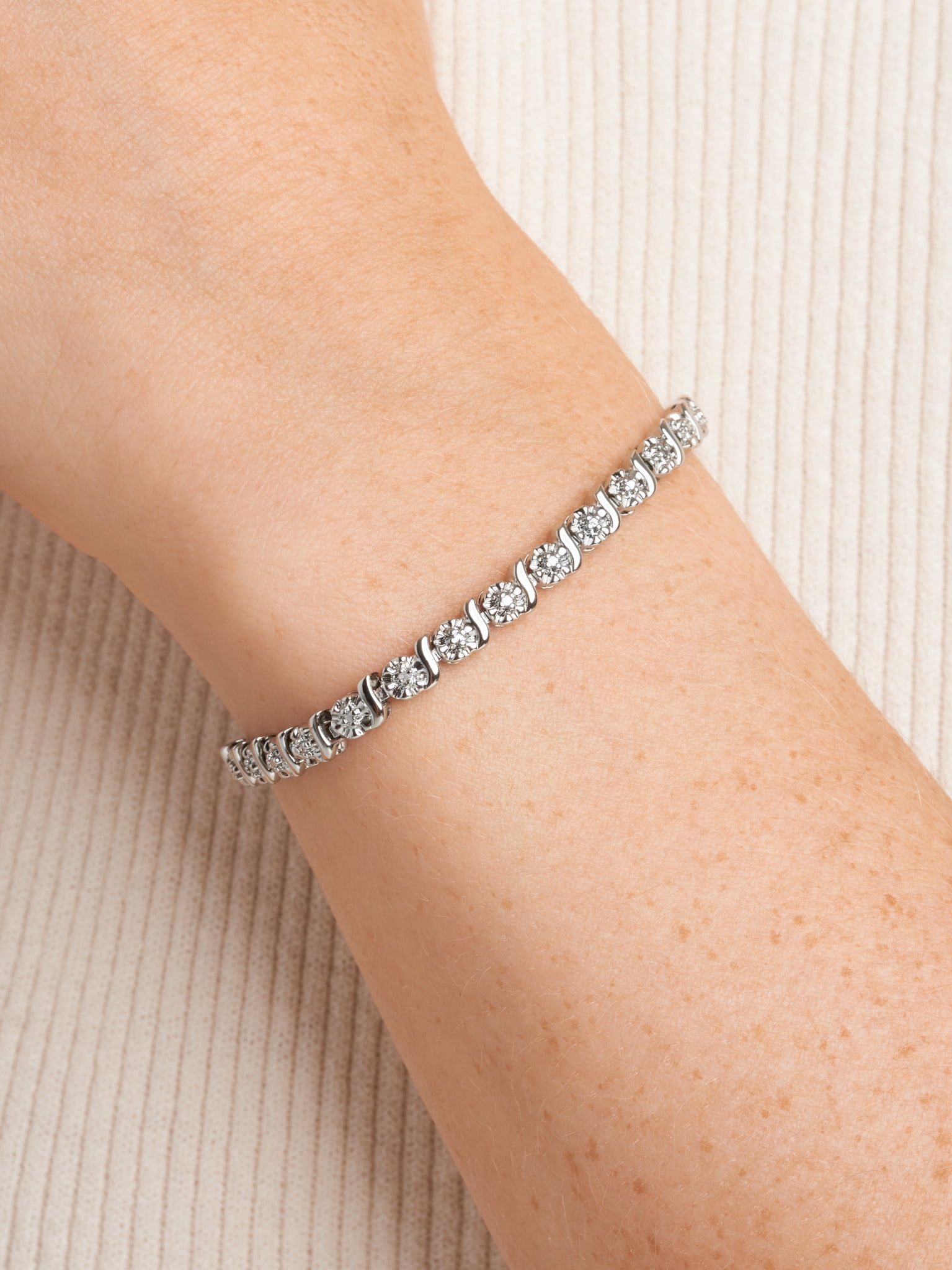 Fine Silver Plated Diamond Accent "S" Link Tennis Bracelet With Enamel Holiday Christmas Stocking Charm 7.25"