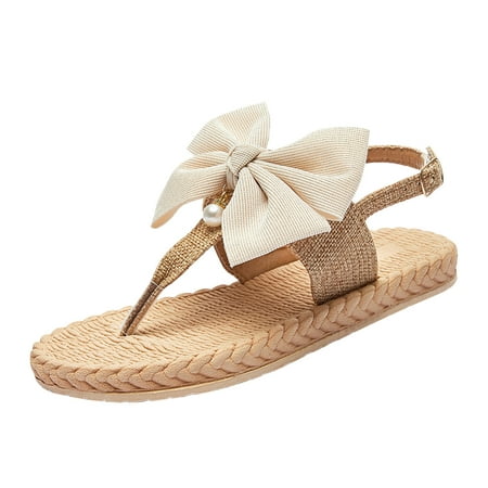 

KIJBLAE Women Summer Bow Sandals Bohemian Beach Pearl Flip Flops Shoes Ladies Flat Straw Slippers Female Open Toe Sandals Plus Size Beige 40
