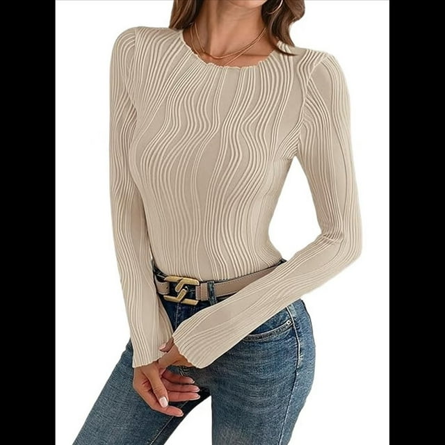 Blusa de Larga con Cuello Redondo para Mujer, Moda de Otoño 2025, Camiseta Básica de Punto Texturizado de Corte Entallado, Ropa Y2K Albaricoque M