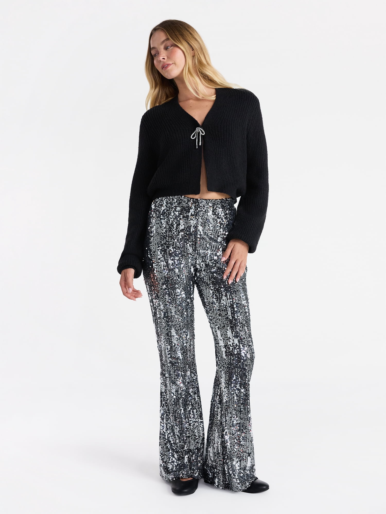 No Boundaries Sequin Flare Pants, Women's and Women's Plus