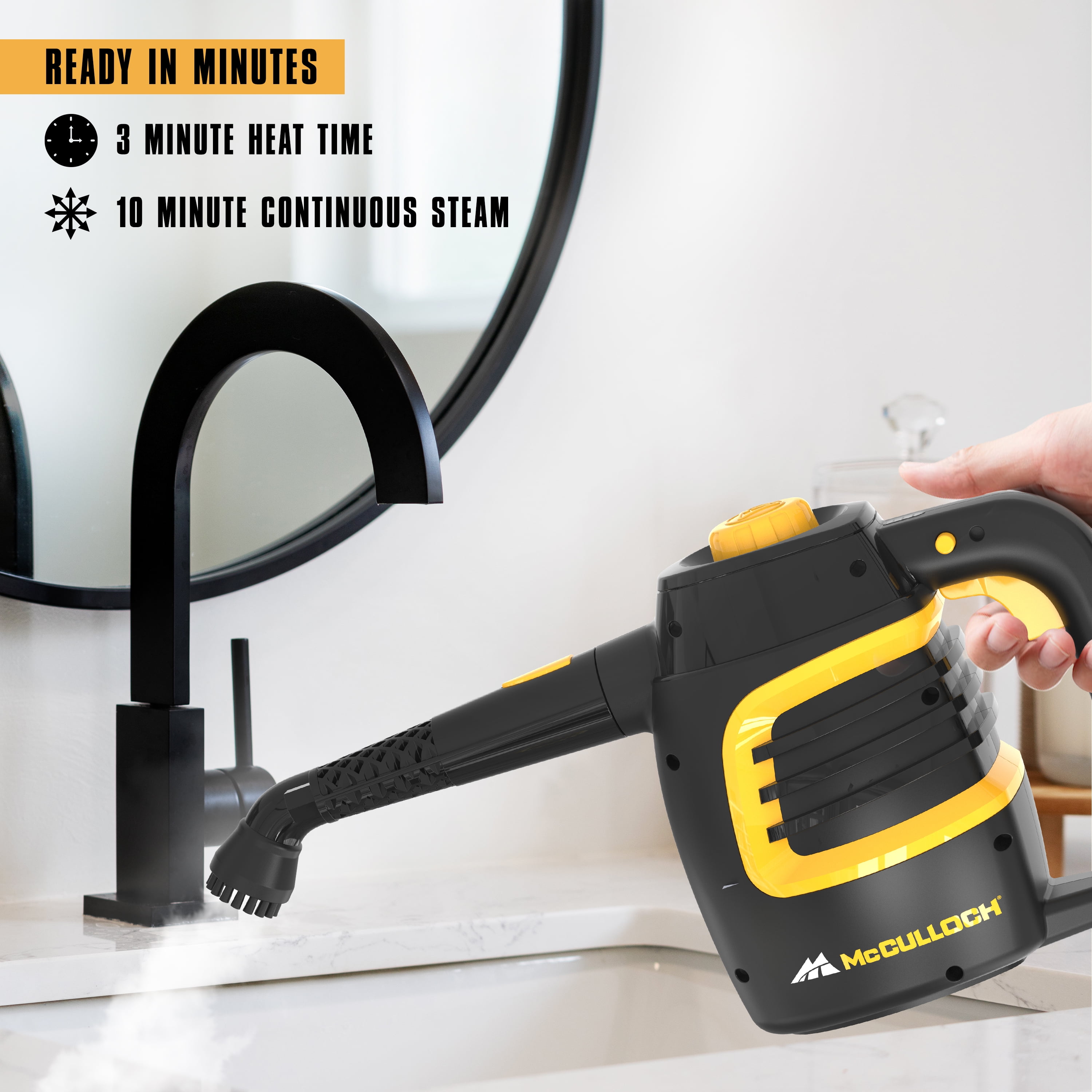 McCulloch MC1230 Handheld Steam Cleaner, 10 Minute Runtime, 11 Accessories: Jet Nozzle, Brushes, & More - Built for Home, Tile, Grout, Carpet, Furniture, Car Detailing, & Commercial Deep Cleaning