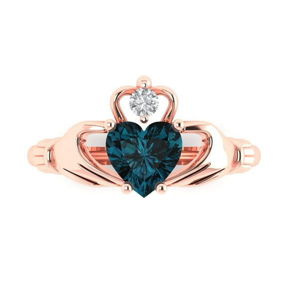 Claddagh Engagement Ring for Women - 1.06ct Natural London Blue Topaz in 14K Rose Gold Promise Ring