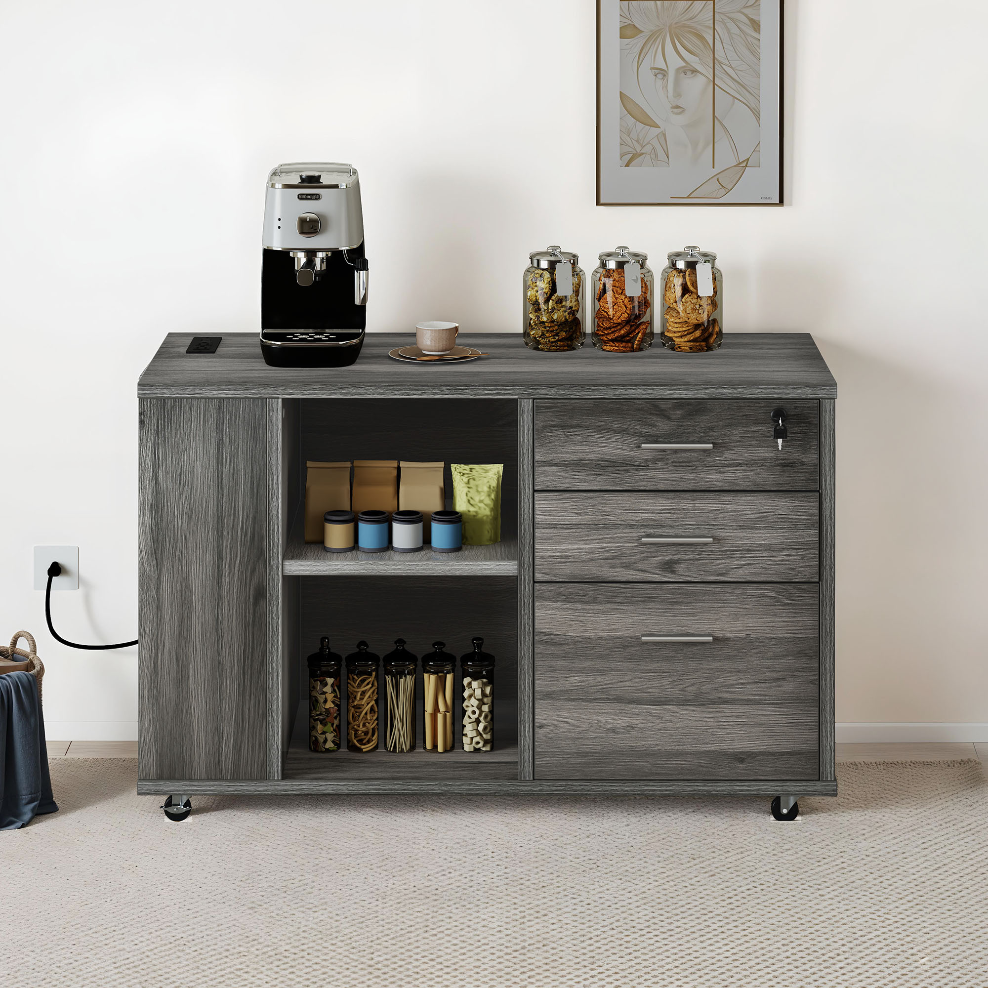 Uforic Mobile File Cabinet with Charging Station, Wood Lateral Filing Cabinet with Lock Printer Stand Fits A4 Letter Legal Size Files
