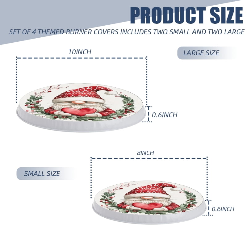 Christmas Round Electric Stove/Range Burner Cover, Red Hat Gnome with Heart Mental Durable Gas Stove Burner Covers Conceals Messy Drip Pans Set of 4 for Kitchen, 8 Inches and 10 Inches