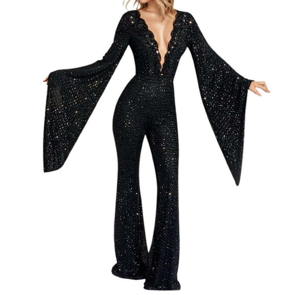 New Sequin Sexy Bat Sleeve Top Jumpsuit Evening Dress