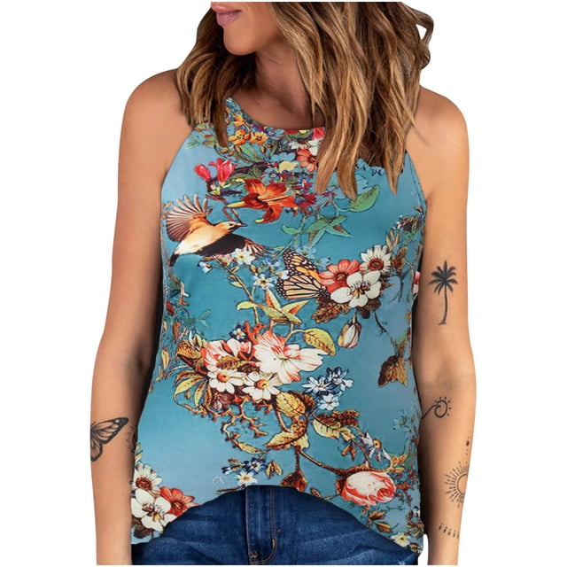 Verano mujer moda cuello redondo sin mangas estampado Casual Tee Tops Wmkox8yi bvn3582