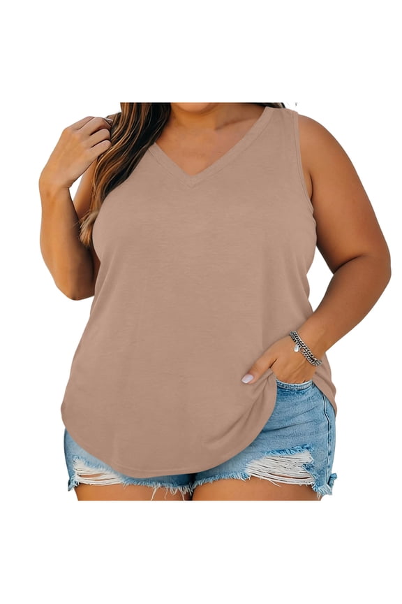 Womens Plus Size V Neck Tank Top Solid Color Sleeveless Tanks Lightweight Loose Fit Tunic TopsSummer Comfy Tops Khaki XXL