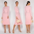 thumbnail image 4 of Fesfesfes Dresses for Women Solid Color Knitted Long Sleeve Party Dress Round Neck Bottoming Pleated Dress, 4 of 9