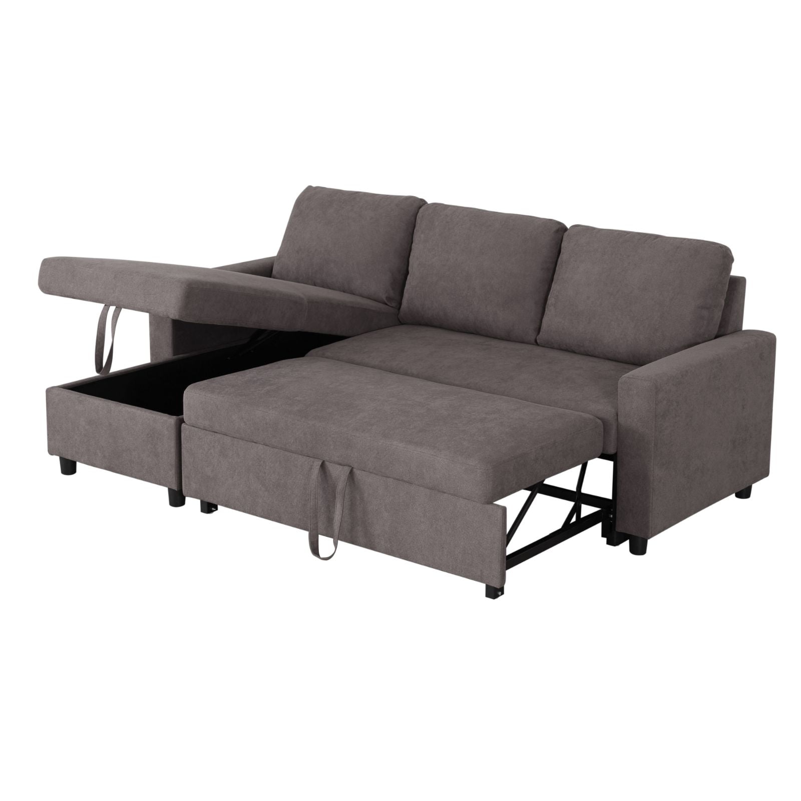 Pull Out Sofa Bed with Storage Chaise, L Shape Sectional Couch Bed Sleeper Sofa with 2 Pillows for Living Room, Dark Brown