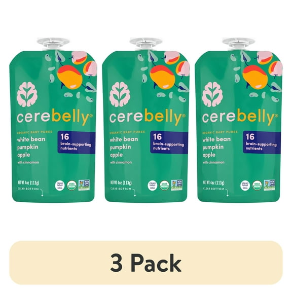 (3 pack) Cerebelly Organic Stage 2 White Bean Pumpkin Apple Baby Food, 4 oz Puree