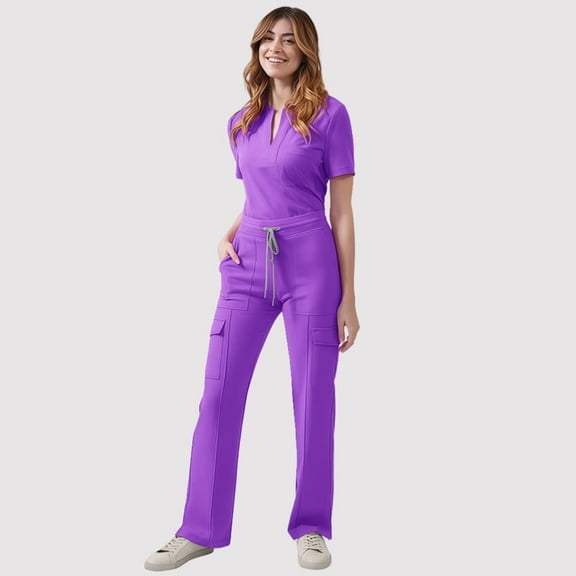 Xdegoge Medical Scrub Sets for Women V Neck Short Sleeve Top with Dstring Cargo Pants Casual Professional Workwear Uniform Slim Fit Solid Soft Summer
