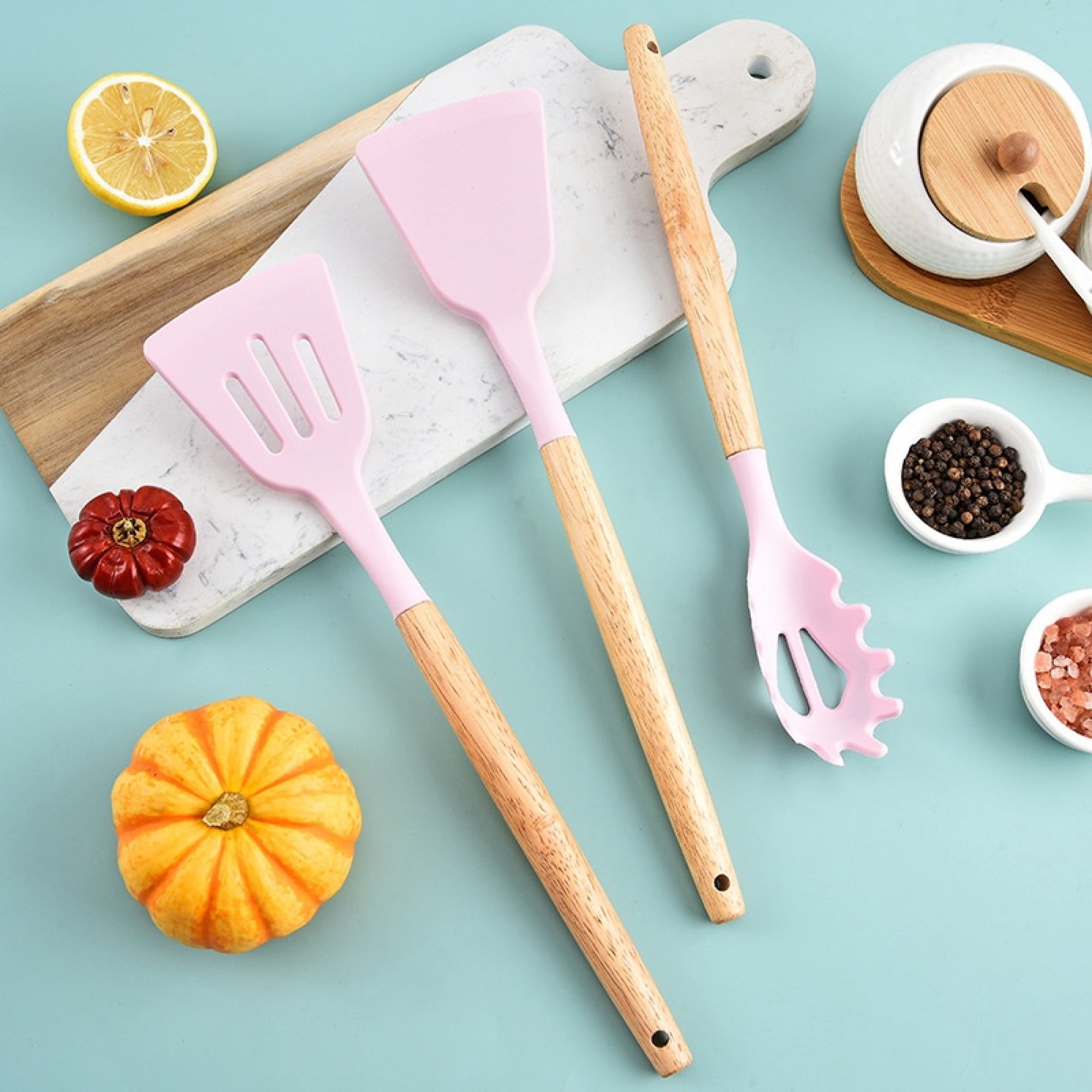 WISOLT Pink Silicone Kitchen Utensils Set - 12 Pieces with Wooden Handles & Storage Bucket, Heat-Resistant for Non-Stick Cookware.