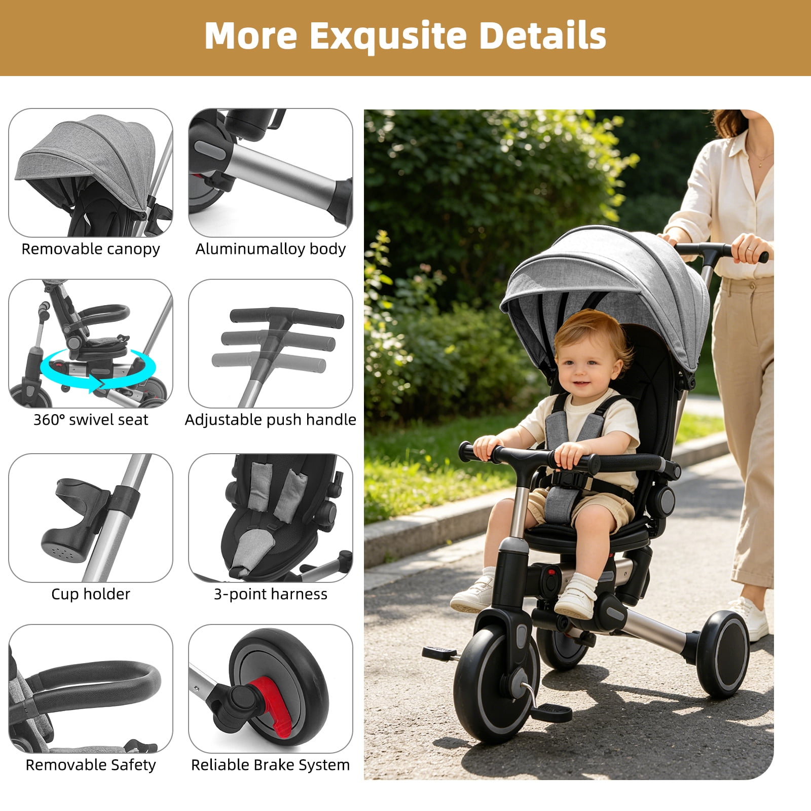 XJD 9 in 1 Multifunctional Tricycle for Toddlers, Foldable Khaki