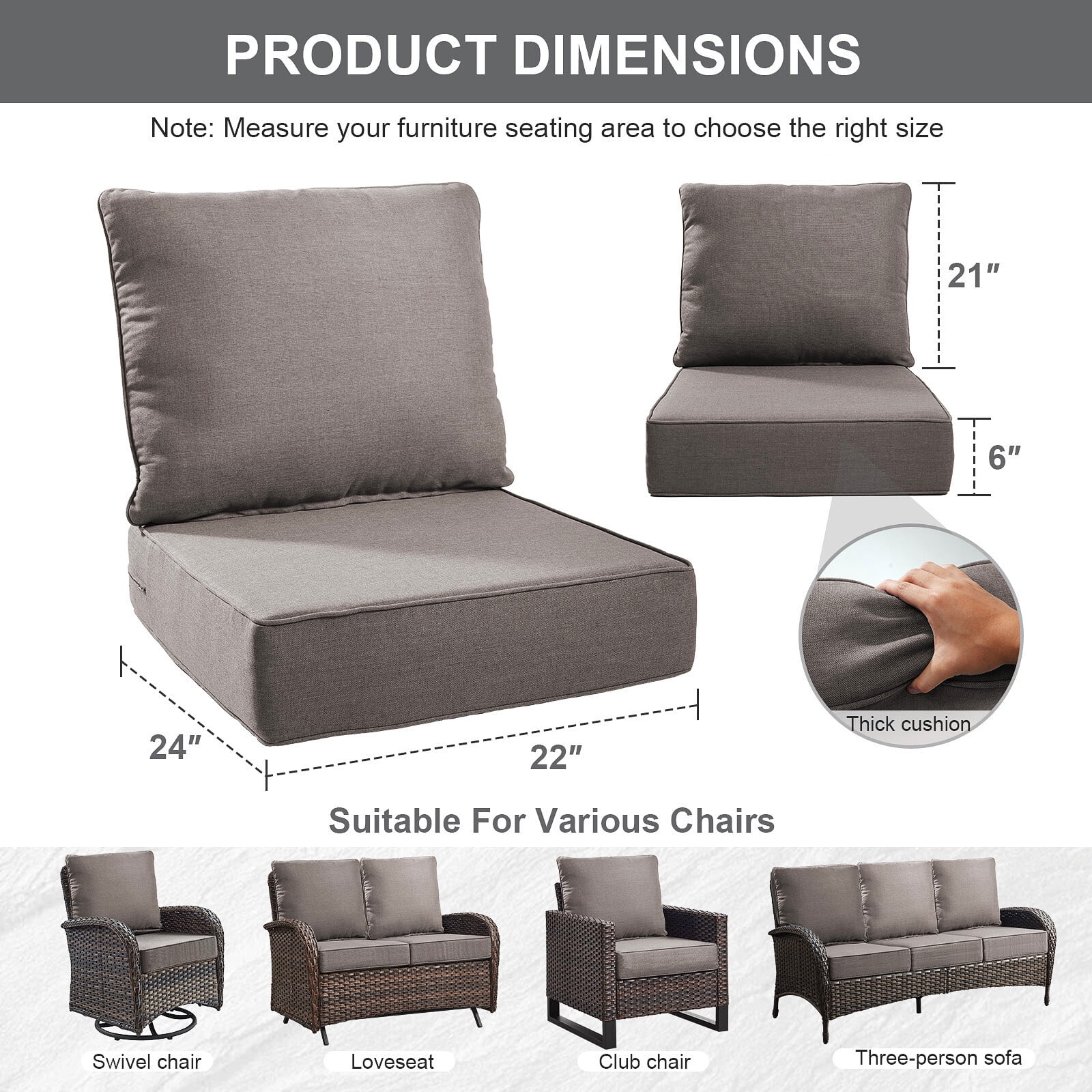 Bellefurn Luxury Outdoor Deep Seat Cushion 22 X 24 X 6 inch for Patio Furniture,Outdoor Sofa Cushions Chairs Cushions,Waterproof & Fade Resistant Patio Furniture Cushions for Wicker Chair,Couch