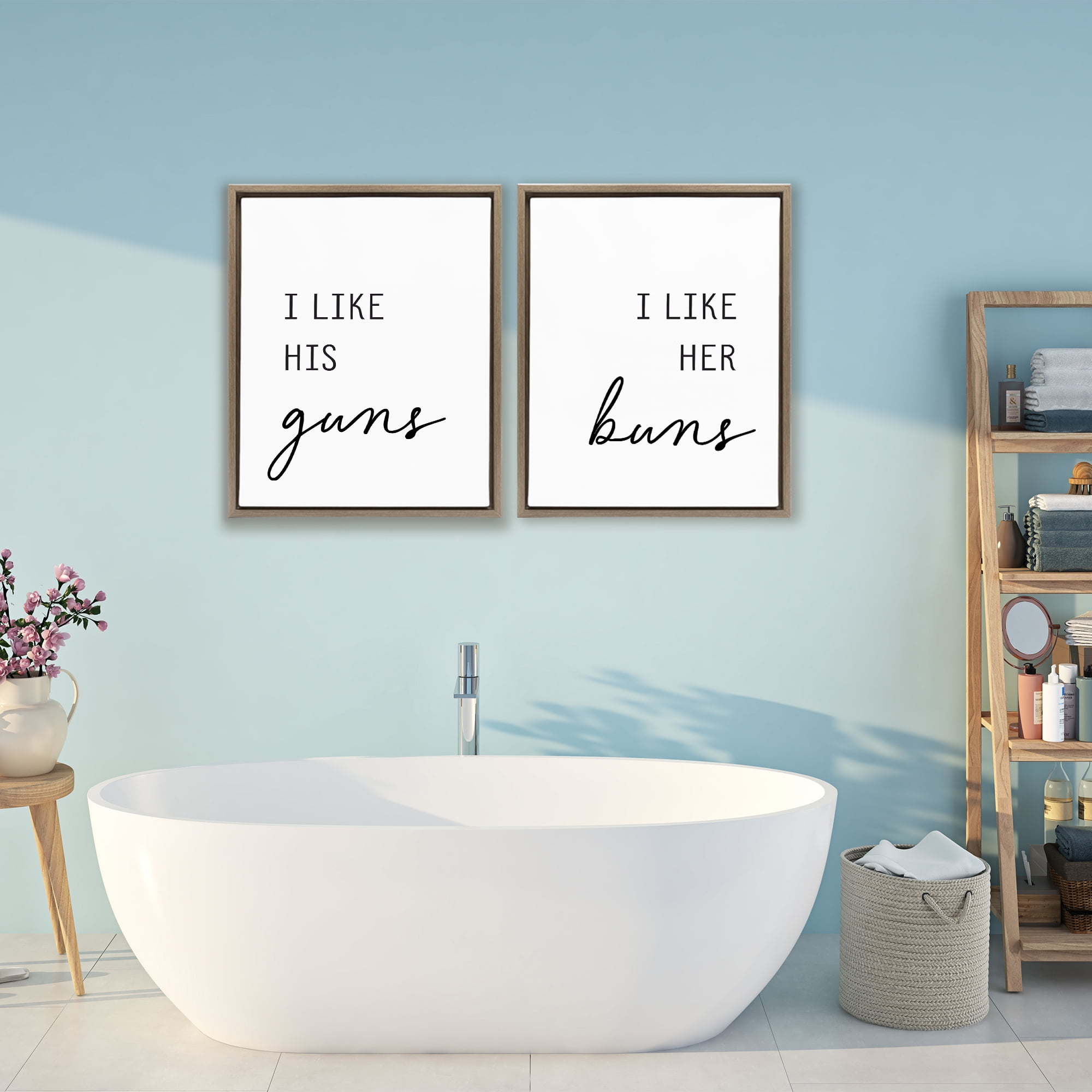 Like His Guns & Her Buns 2 Piece Brown Framed Floater Canvas Set, design by Lettered and Lined